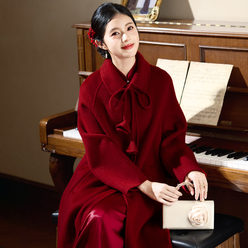 High-End Red Wool Coat for Women 2026 Autumn and Winter Bridal Toast Dress Double-Sided Cashmere Woolen Coat Engagement Dress