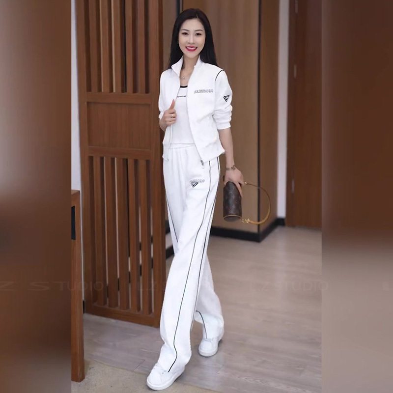 Spring Women's Korean Fashion Trendy High-End White Casual Sports Zip-Up Sweatshirt and Straight-Leg Pants Two-Piece Set