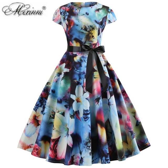 Hepburn Temperament Hong Kong Style Retro 50s Feel Thin Plus Size Women's Wrapped Sleeves Elegant Printed Waist Swing Dress