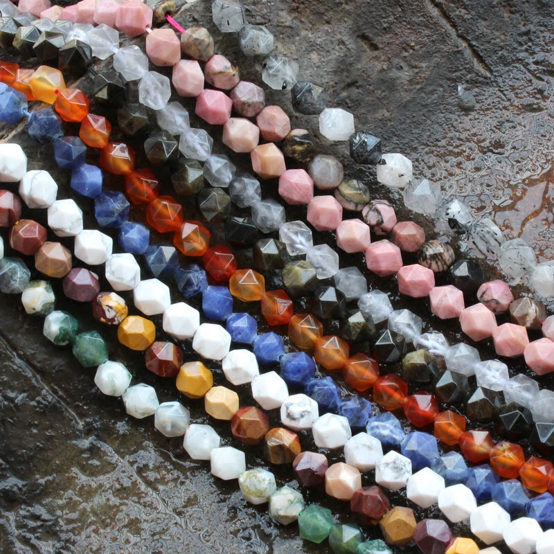 6-8mm Natural black hair crystal agate egg yolk stone White pine blue grain stone cut Loose beads Diamond cut DIY accessories