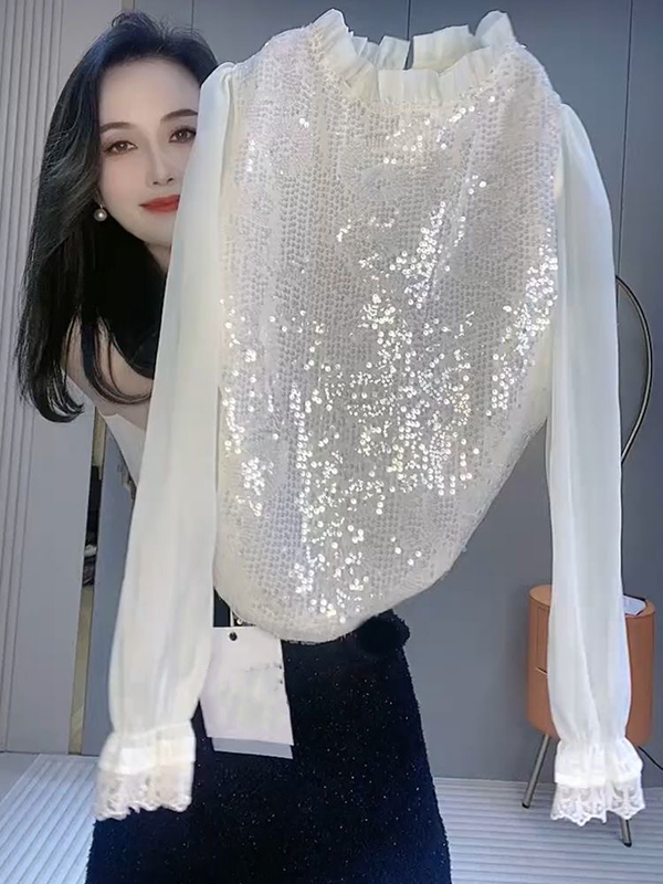 Round Neck Patchwork Lace Design Top for Women 2026 Spring/Summer Feminine Elegant Heavy Sequin Long-Sleeve Shirt