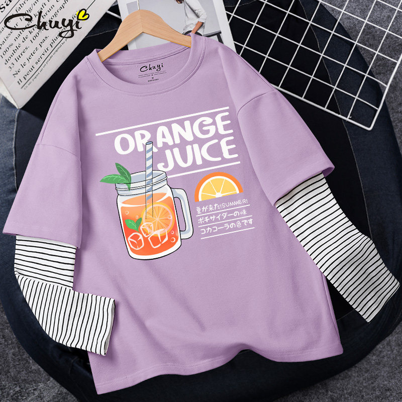 Fake two-piece T-shirt women's long-sleeved top 2022 new summer all-match pure cotton loose striped stitching bottoming shirt