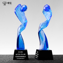 Zhuo He Classic Crystal Ancient Method Glass Trophy Customized Creative Blue Ribbon Excellent Employee Contribution Award