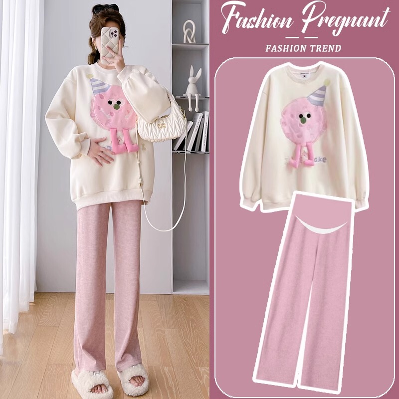 Maternity Spring Outfit Set, Mid-Length Stylish Sweatshirt Top and Pants Two-Piece Set, 2026 New Spring and Autumn Women's Model