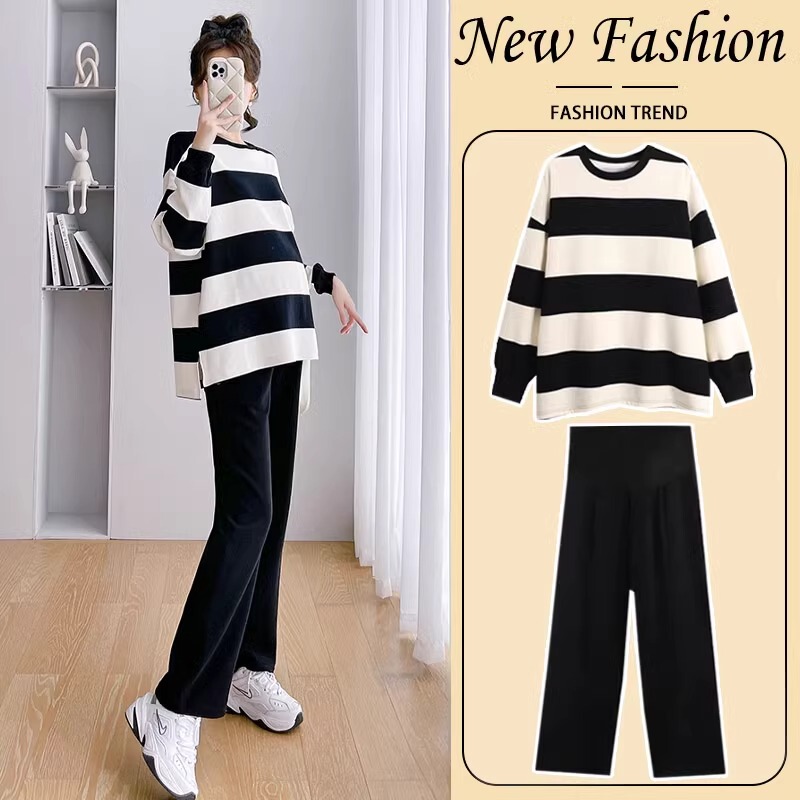 Maternity Wear Spring 2026 New Set Petite Fashion Pants Two-Piece Casual Striped Sweatshirt Spring and Autumn Outfit