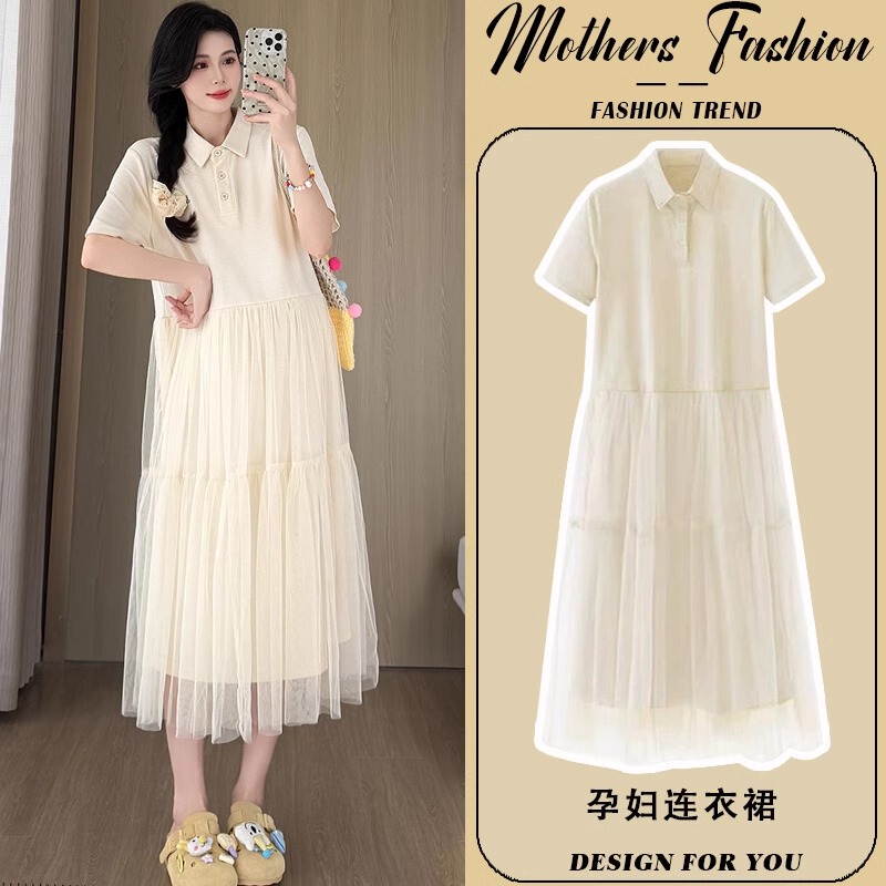 Maternity Summer Dress Short-Sleeved Polo Collar Mesh Splicing Loose French Style Pregnancy Wear 2026 New Summer Style