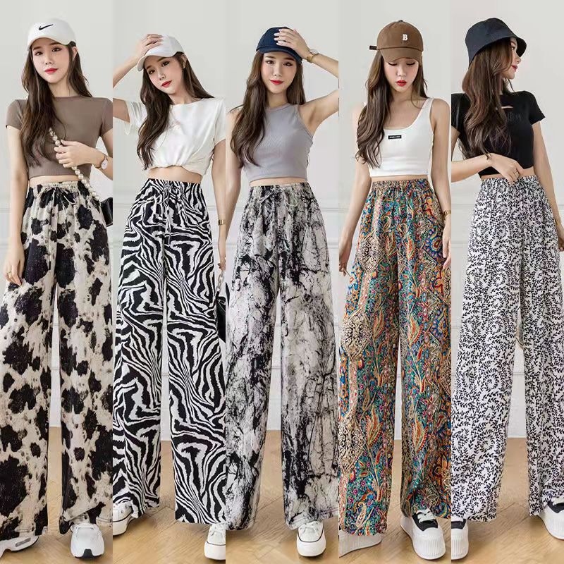 Spring and Summer Ink Tie-Dye Wide-Leg Pants for Women, Casual Leopard Print Ice Silk Ethnic Style Loose Ice Silk Long Pants Casual Pants Y