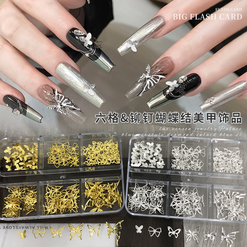 6-Compartment Hollow Butterfly Nail Art Decoration Set Cross-Border New Product Silver Three-Dimensional Alloy Butterfly DIY Nail Rhinestone Accessories