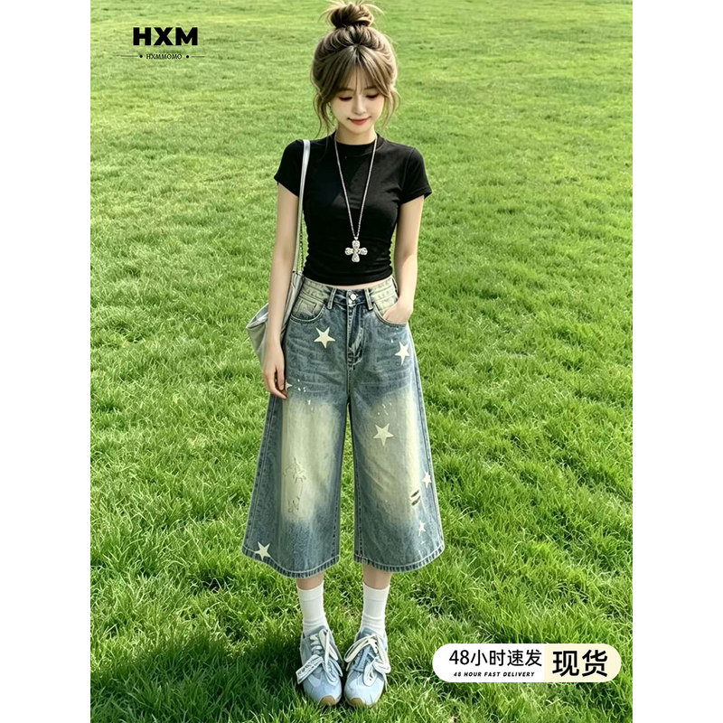 American Retro Style Women's Summer Thin Cropped Pants 2026 New Star Print High-Waisted Loose Wide-Leg Denim Shorts