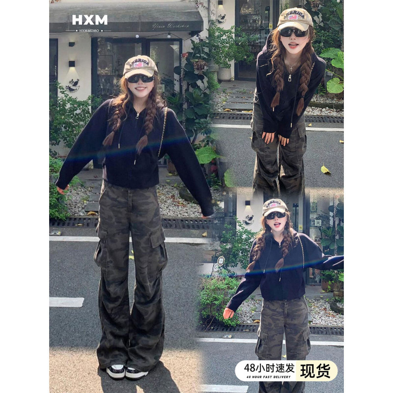 American Retro Camouflage Cargo Pants for Women 2026 Spring New High-Waisted Slimming Loose Straight-Leg Floor-Length Jeans