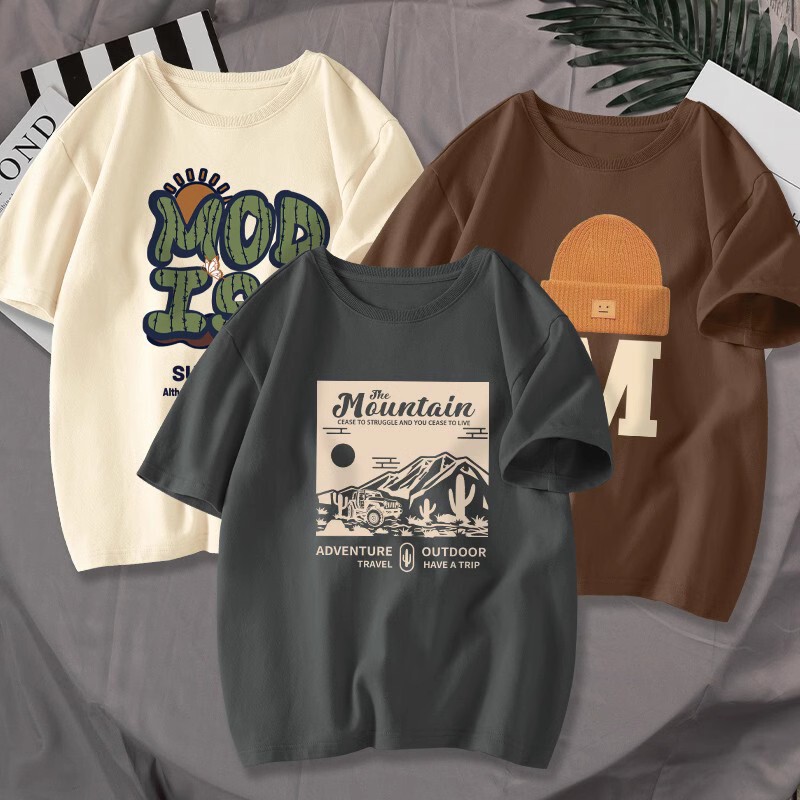 American Retro Short-Sleeved T-Shirt for Men, Summer Men's Pure Cotton Clothes, Men's T-Shirts, Teenagers, Large Size Boys' Half-Sleeves