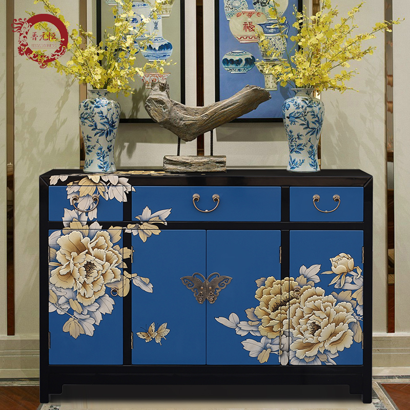 New Chinese Hand-painted Solid Wood Lacquered Cabinet Vintage Color Painting Hyun Guan Door Hall Cabinet Living-room Decorated Blue Furniture Retro Shoe Cabinet