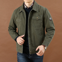 Autumn cotton lapel jacket mens thin autumn middle-aged large size multi-bag tooling jacket Dad top tide