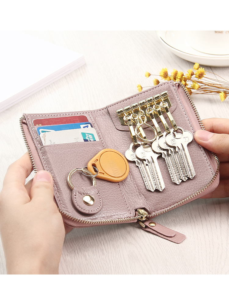 Leather key bag female Korea small simple large capacity keychain zipper wallet Card bag one-piece key bag female