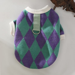 Dog Clothes with Leash Attachment, Anti-Dirt Short-Sleeve Cardigan for Small Dogs Like Bichon and Teddy, Stylish Round-Neck Argyle Pattern