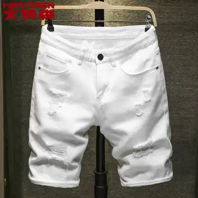 White ripped jeans men's loose casual 2021 summer new five-point pants men's shorts trend five-point pants