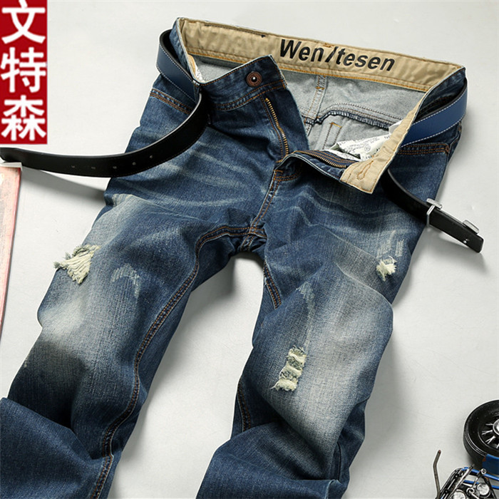 Spring light-colored ripped jeans men straight slim casual teen Korean version of the trend loose beggar pants men