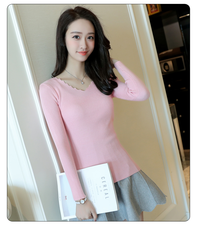 Mùa xuân 2018 mới của phụ nữ cổ chữ V co giãn đan áo thun mỏng thon dài tay áo len thủy triều quần áo nữ hàng hiệu
