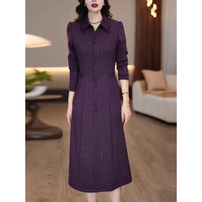 Elegant Long-Sleeved Dress for Women 2025 New Autumn Style Mother's Fashion Slim Fit Slimming Purple Mid-Length Skirt
