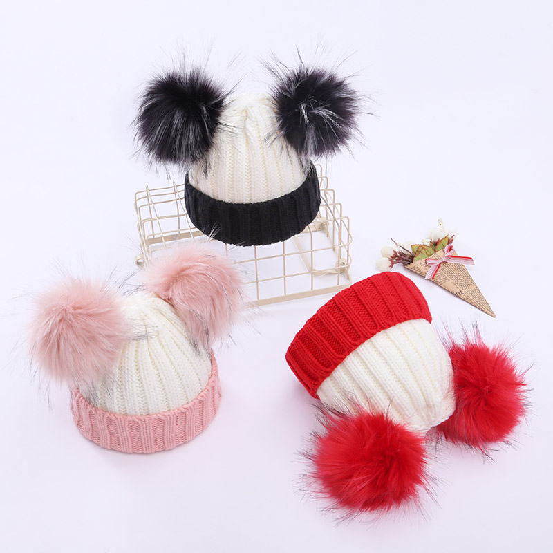 Children's autumn and winter new warm hat baby cute simulation double hair ball wool hat Boy girl pullover hat