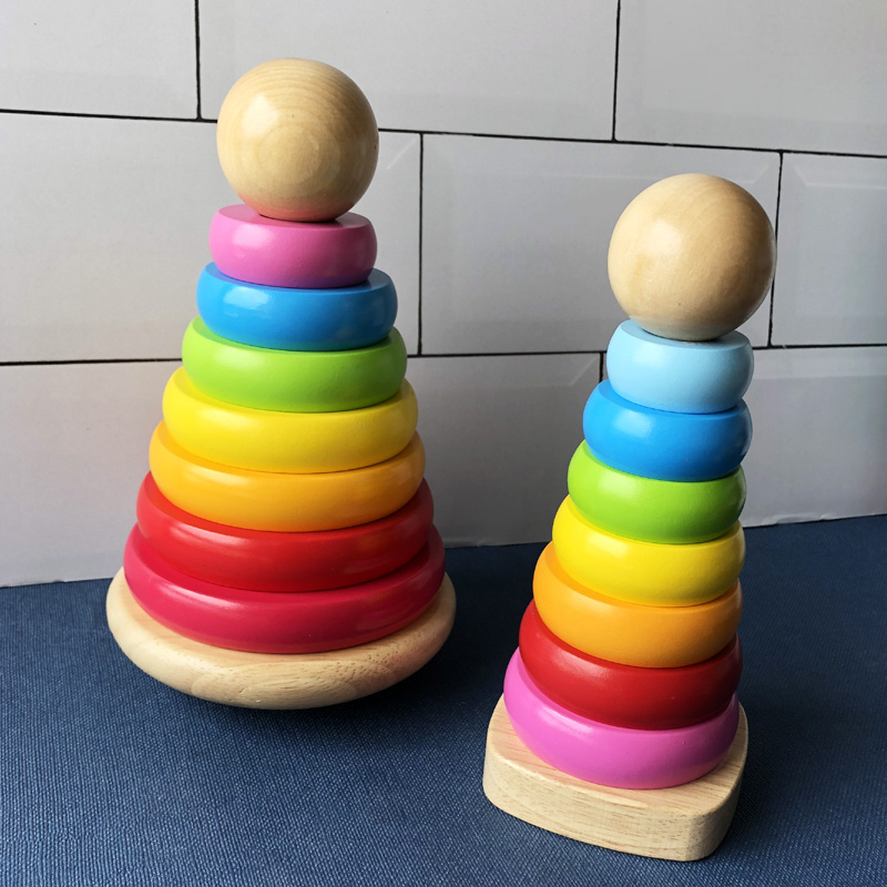 Children's educational rainbow tower toy wooden stack music 1-2-3 years old baby size cognitive Montessori early education teaching aids
