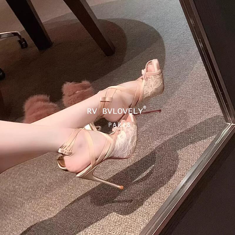 French Rv Bvlovely Sexy Style Gentle Mesh Open-Toe High-Heeled Sandals with One-Line Buckle High Heels
