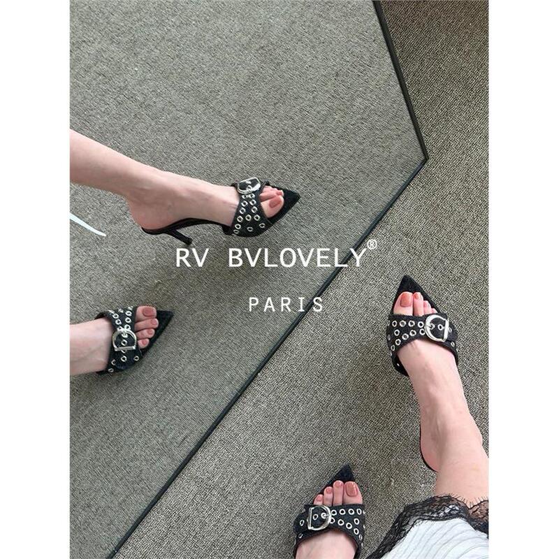 French Rv Bvlovely Open-Toe Pointed-Toe Studded Belt Buckle Slip-On Women's Summer Sexy High-Heeled Shoes for Outdoor Wear French Rv Bvlovely Open-Toe Pointed-Toe Studded Belt Buckle Slip-On Women's Summer Sexy High-Heeled Shoes for Outdoor Wear