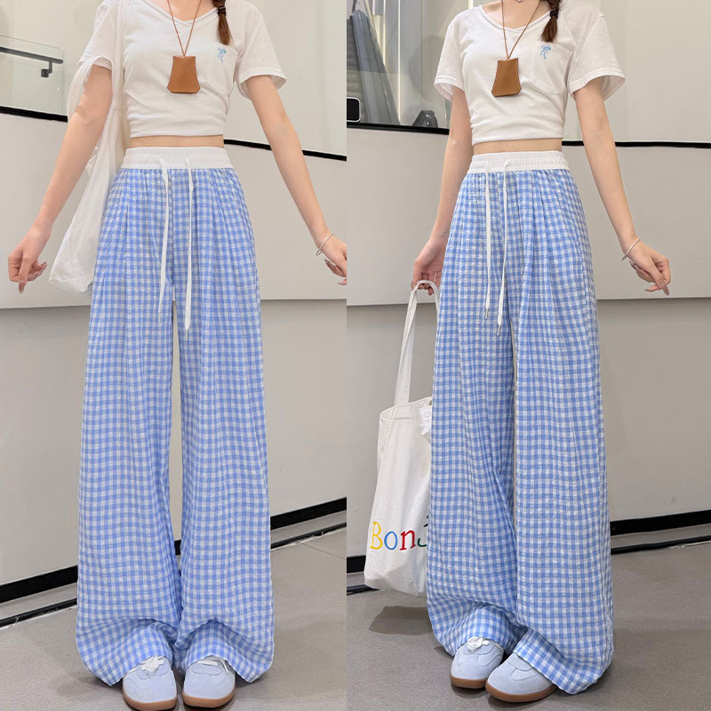Blue Plaid Ice Silk Pants for Women, Summer 2026 New High-Waisted Straight-Leg Casual Pants, Lazy Style with Drape Effect, Yamamoto Wide-Leg Pants