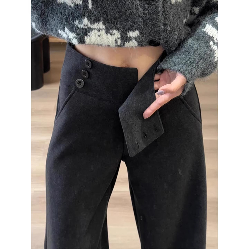 Dark Gray Woolen Wide-Leg Suit Pants for Women, Spring 2026 New Style, Buttoned, Slimming, Lazy Drape, Straight-Leg, Floor-Length Pants