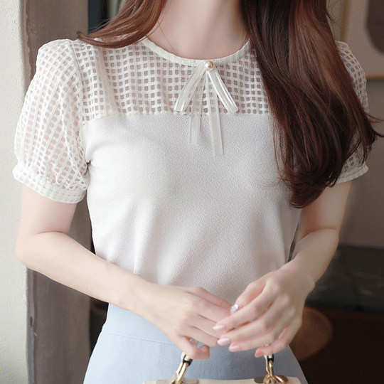 2025 новая летняя шифоновая рубашка с короткими рукавами, женственная кружевная строчка с бантом, рубашка в западном стиле, тонкая и тонкая