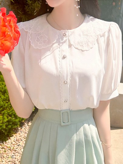 雪纺衫女短袖2025夏新款娃娃领蕾丝高级感上衣别致泡泡袖衬衫白色