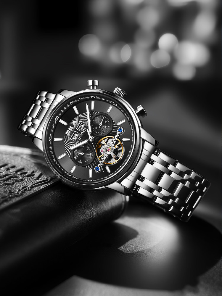 Fila Hollow Flywheel Dual Calendar Mechanical Watch with Luminous Hands Business Wristwatch Gift for Boyfriend 6706