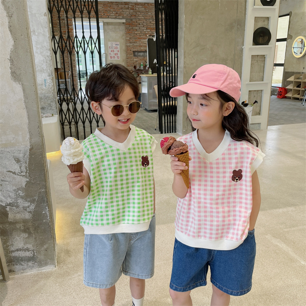 Children's vest Summer checkered in children Han version V neckline headshirt woman baby boy clothing knitted casual T-shirt