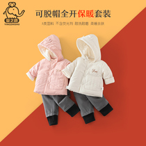 Baby Shu children plus velvet warm autumn and winter set Girls baby out two sets of thick boys autumn and winter clothes