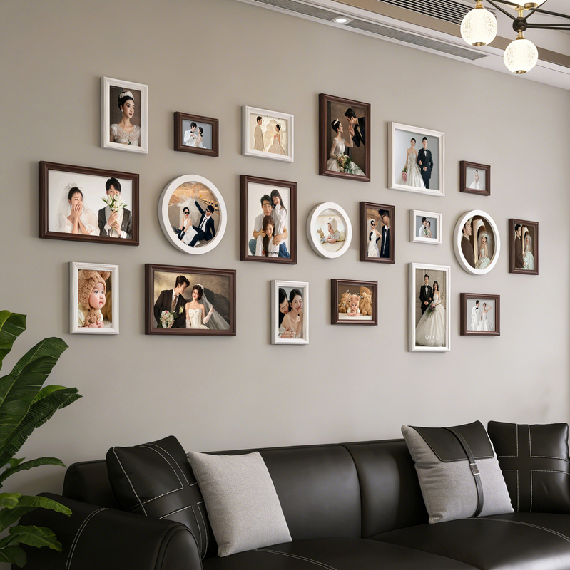 No-Drill Solid Wood Photo Frame for Wall Hanging in the Living Room, Creative Combination for Large-Size Printed Wedding Photos to Create a Photo Display Wall
