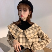 2021 early spring new navy style fake two-piece high-neck pullover design niche plaid loose long-sleeved shirt women