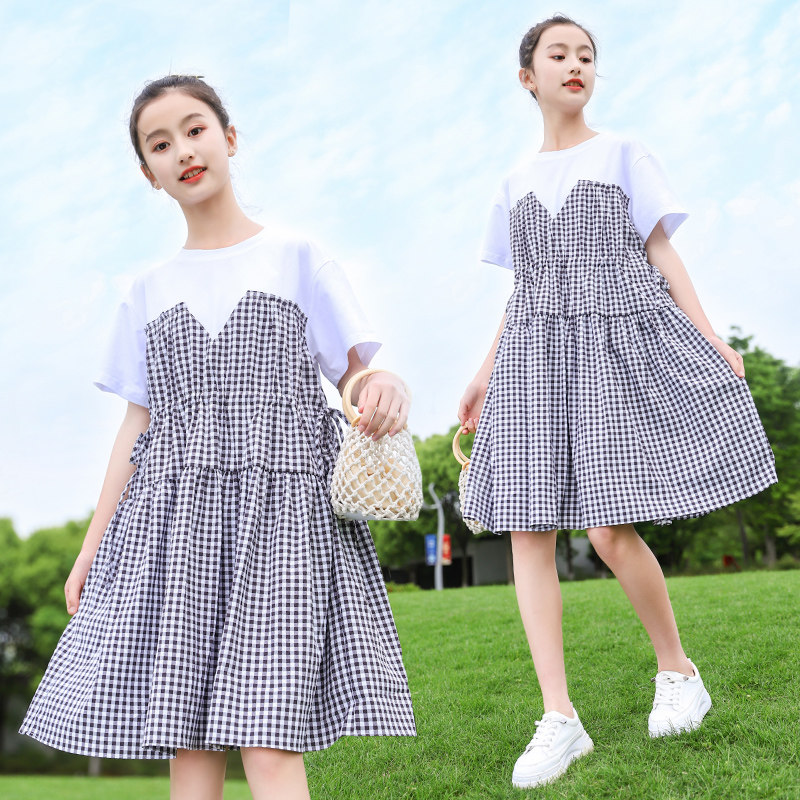 Girl dress summer dress loose 2022 new style foreign style Korean version 15-year-old girl summer big boy plaid skirt 12