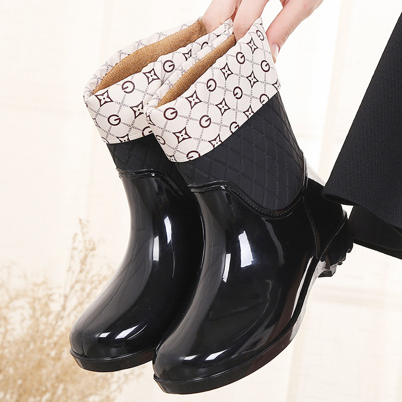 Short tube fashion waterproof shoes rain boots rain boots women winter water laundry plus velvet cotton rubber shoes non-slip overshoes water boots home