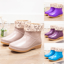Buffalo sole fashion short drum waterproof shoes plus cotton rainshoes female winter kitchen working adhesive shoes wearing laundry suites outside