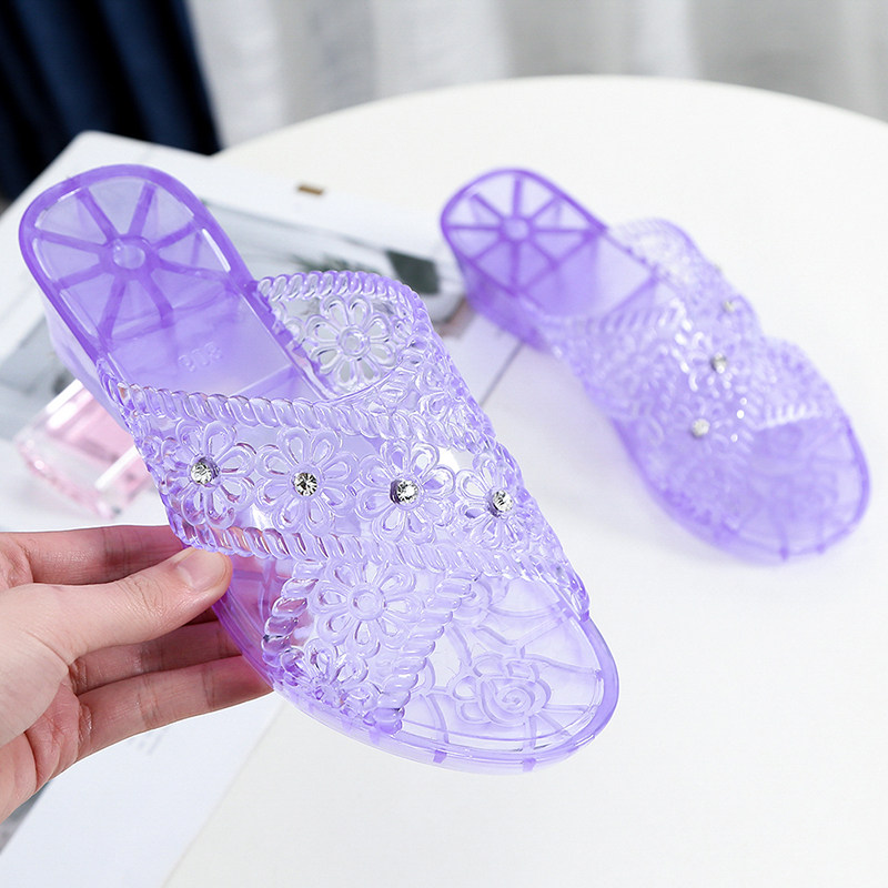 Net red popular crystal sandals and slippers women's summer fashion flip flops outside wear wedge heel mother non-slip slippers high-heeled jelly - Taobao