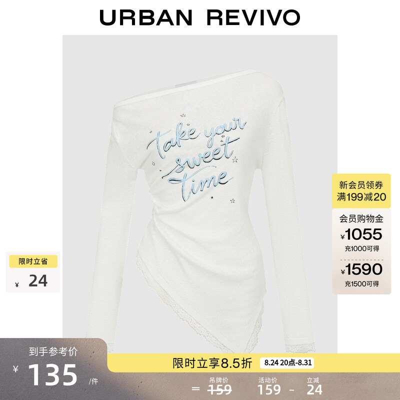 Ur2026 New Autumn Women's Casual Off-Shoulder Distressed Printed Lace T-Shirt Uyl460228+