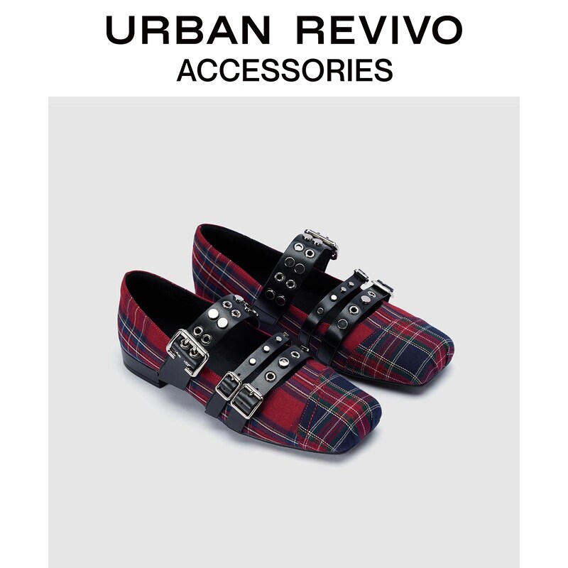 Plaid Double Strap Mary Jane Flats Studded Detail Square Toe Shoes ราคา 2,240 บาท*ส่งฟรี