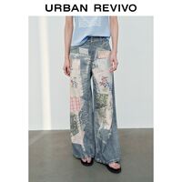 URBAN REVIVO กางเกงยีนส์เดนิมลำลองสำหรับผู้หญิงกางเกงยีนขาบานเอวสูงเย็บปะติดและลูกไม้ UYL860083