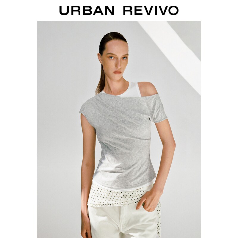 Asymmetric Cold Shoulder Short Sleeve Fake Two Piece Waist Ruched Slim Stretchy Knit Bodycon Top ราคา 1,490 บาท*ส่งฟรี
