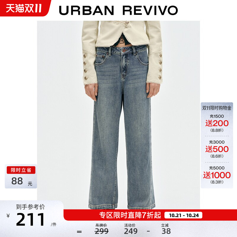 Ur2026 New Autumn Women's Retro Washed Lyocell Whiskered Wide-Leg Denim Pants Uyy860302