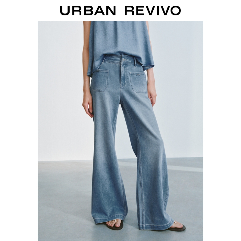 Ur2026 New Summer Women's Casual Washed Denim Flared Pants with Bow Patch Pockets Uyy860166