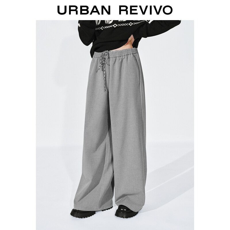 Women Plain Drawstring Wide Leg Pants Plaid Inner Waistband Relaxed Flowey Full Length Casual Pants ราคา 1,590 บาท*ส่งฟรี
