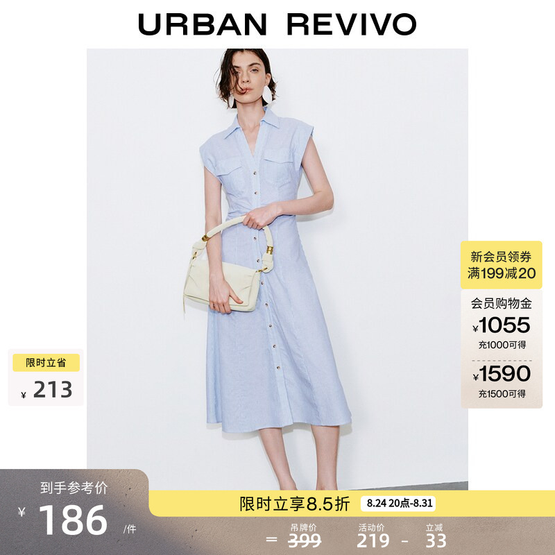 Ur2026 New Summer Style Women's Pastel Style Casual Striped Pleated Waist Linen Shirt Dress Uwh760057+