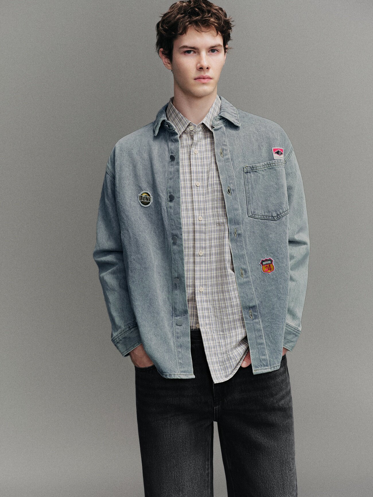 Джинсовая рубашка ur2025秋季新款男装丹宁回潮刺绣长袖牛仔衬衫umv850061