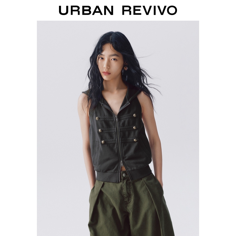 Ur2026 New Autumn Women's Fashion Retro Gold Button Hooded Sleeveless Sweatshirt Jacket Uyv160052
